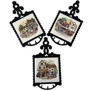 Set of 3 Vintage Ceramic Tiles Cast Iron Framed Wall Plaques Historic English